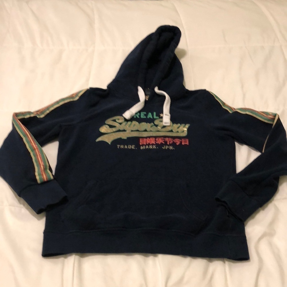 Superdry navy sweatshirt sweater with pocket in front and side shoulder striping